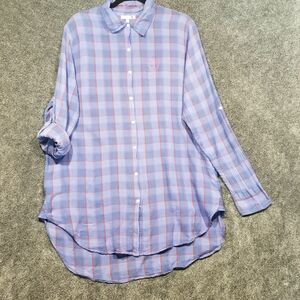 Sundry 1 Small Tunic Top Button Front Lightweight Roll Tab Sleeve Purple Plaid